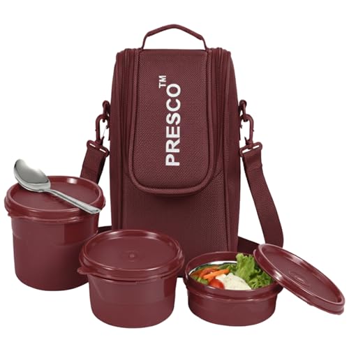 Image of PRESCO Insulated Lunch Box Set (3 Microwave Safe Inner Steel Containers,600 /450 /290ml; with Steel Spoon) with Insulated Fabric Bag, Lunch Box for Office Use, Leak Proof, Tiffin Box for Men