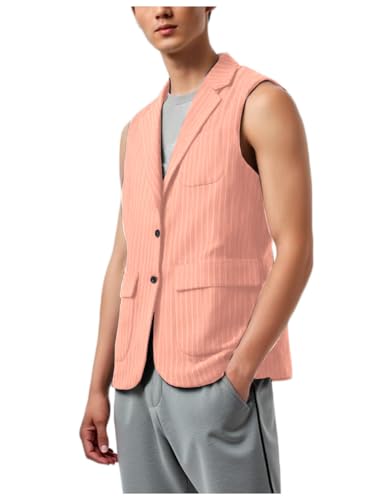 Men's PinStripe Vest Long with Big Pockets Collar Summer Striped Lightweight Vests Casual Business Formal