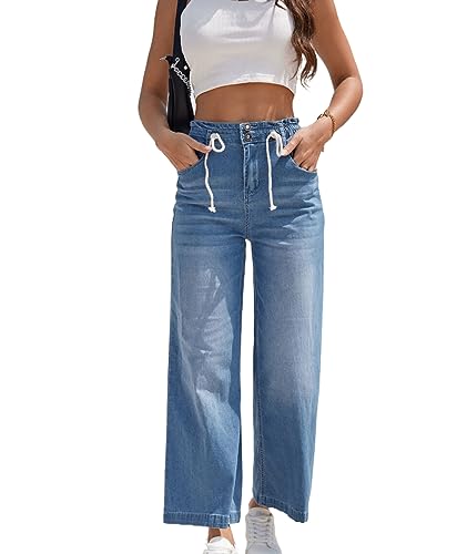 Womens Wide Leg Jeans High Waist Baggy Jeans for Women Loose Boyfriends Jeans Denim Drawstring Pants