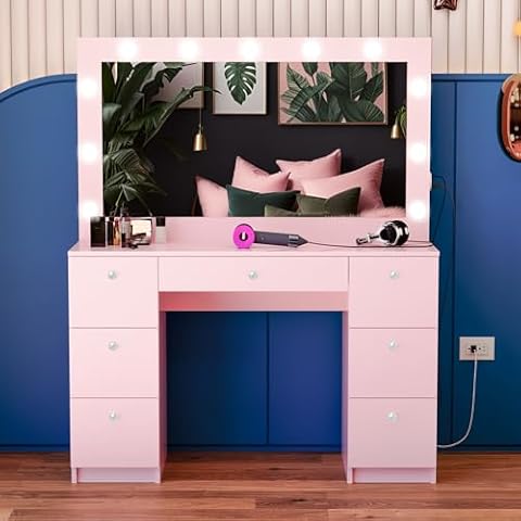 Boahaus Freya Large Makeup Vanity Desk with Hollywood Lights, 7 Drawers, USB Type-C & Type-A Ports, Charging Station, Hair Dryer Hanger, Crystal Knobs– Vanity Desk for Bedroom, Premium Finish (Pink) Cover