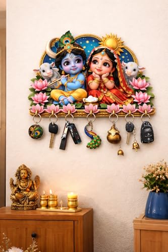 Image of Webelkart Premium Radha Krishna Wooden Key Holder for Home Decor, Wall Mount Key Hanger, Key Chain Holder for Wall, Living Room, Pooja Room