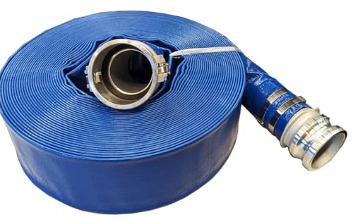Image of 2 inch x 100 Foot Heavy Duty Reinforced PVC Lay Flat Hose Assembly, 70 PSI, with Aluminum Cam & Groove C & E Fittings, for Pool Backwash, Flood Control, Slurry Cleanup, & Irrigation