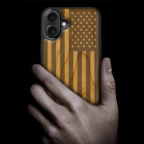 Image of Carveit Wood Case for iPhone 16 Plus, The Classic American Flag, Cherry | Magnetic iPhone 16 Plus Case Compatible with MagSafe Wireless Chargers, Engraved Wood with Soft TPU Shockproof Bumper