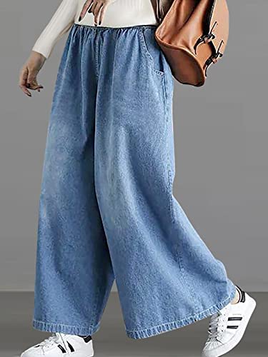 Uqje Women Oversized Loose Jeans High Waist Denim Pants Plus Size Wide Leg Jeans-Light Blue #TOP1