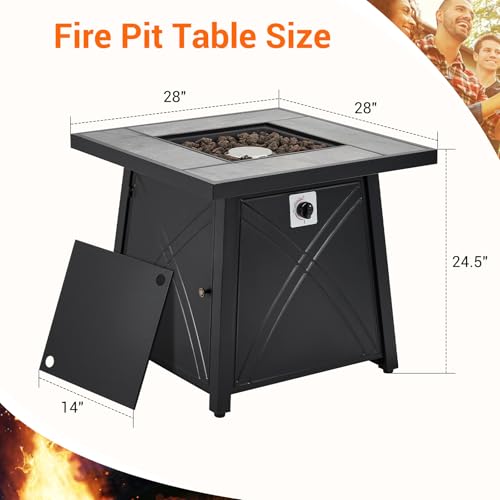 28 Inch Propane Fire Pit, Outdoor Gas Fire Pits Table 50,000BTU Squre Firepits Table with Lid and Lava Rock for Yard Patio Garden Outside Party