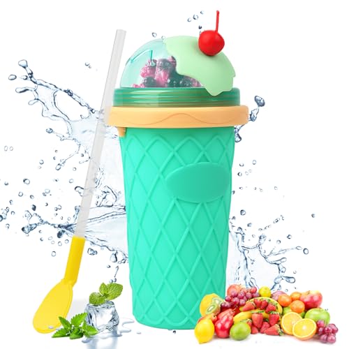 TNEDFOD Slushy Maker Cup, DIY Squeeze Ice Cup 500 ml, con 2 en 1 Pajita y Cuchara, para Preparar Batidos de Frutas Helados y Batidos de Leche Verde claro