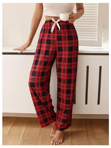 WDIRARA Calça de pijama xadrez feminina com laço elástico na cintura, Vermelho, GG