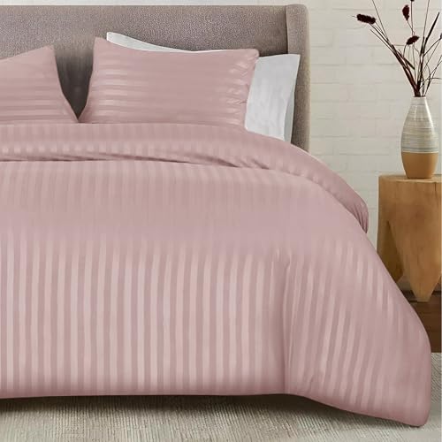 SSW HOMES King Size Duvet Cover Sets Satin Stripes Quilt Cover Bedding Sets with Pillowcases Hypoallergenic Ultra Soft Microfiber (Blush, 220 x 230 cm)