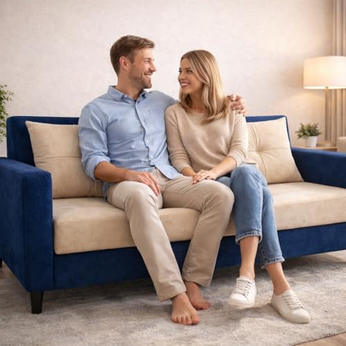 Image of Ultimate Comfort 3+2 Wooden Sofa Set | Premium Velvet Fabric | Modern 5-Seater Sofa | Durable & Stylish Living Room Furniture(Blue & Cream)