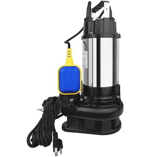 ExGizmo 1HP Sewage Pump,6340 GPH Submersible Sewage Pump,Stainless Steel Submersible Sump Pump 110V,Automatic Tethered Float Switch,2" NPT Discharge With 23 ft Power Cord