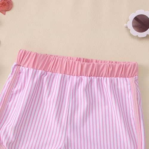 Image of Ritatte Girls Rash Guard Swimsuit 2 Pieces Stripe Bathing Suit Long Sleeve Rashguard Beach Shorts Summer Swimwear 7-12T(Pink,10-11T(150))