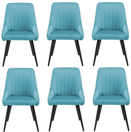 Image of Finch Fox Morris Velvet Dining Chair for Living Room, Bedroom, Home Office with Black Metal Legs in Light Blue Color (Set of 6)