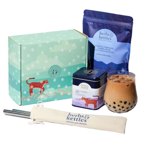 Image of Herbs & Kettles Vanilla Lavender Chai Boba Kit | Assam Black Tea with Real Vanilla Bean, Lavender Flowers & Warming Spices + Chewy Tapioca Pearls | DIY Bubble Tea Kit with Reusable Straws