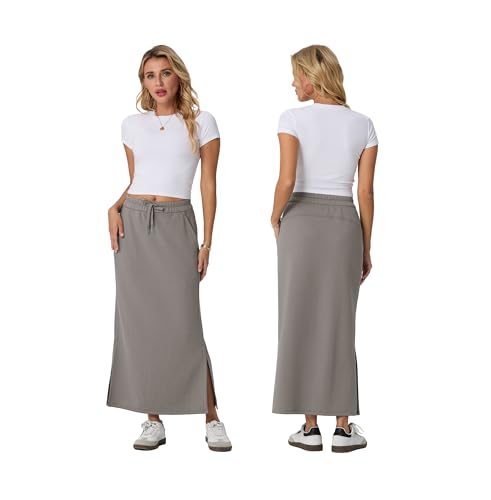 Image of Lepunuo Women's High Waisted Sweat Maxi Skirt with Pockets Slit | Ultra Soft Sweat Fabric, High Waist Drawstring, Deep Phone Pockets, Side Slit for Movement, Ideal for Lounge Travel
