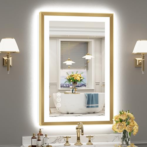 Image of 24x36 Gold Beveled LED Bathroom Mirror Backlit & Front Lit Anti-Fog | Brushed Gold Framed, Anti-Fog Lighted Vanity Mirror, Dimmable, 3-Color Light, Memory, CRI95, HD Tempered Glass, UL Listed