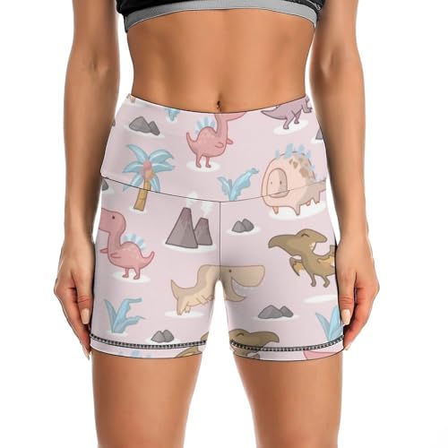 JYYAU Cute Dinosaur and Leaves Pattern High Waist Yoga Shorts for Women Athletic Shorts Leggings Running Pants Black
