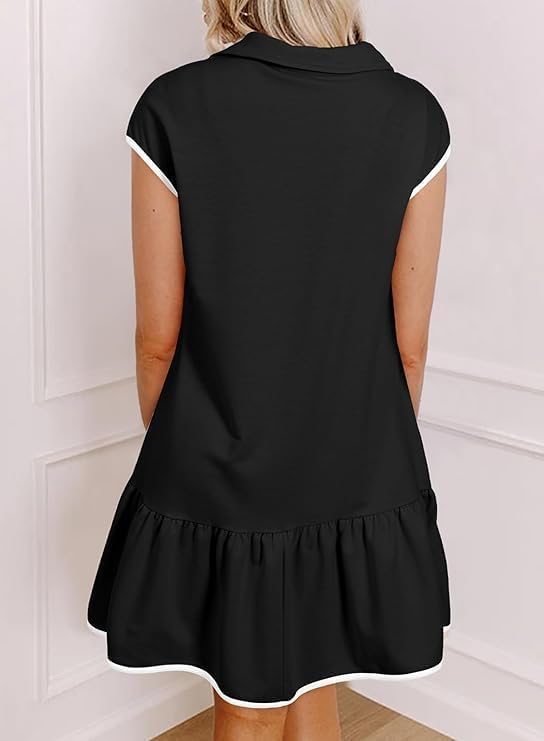 Chvity Women Dresses Casual Colorblock Cap Sleeve Half Zip Black Tennis Mini Dress with Pockets 2025 - Image 4