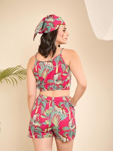 Image of WineRed Cotton Woman Beige 3Pcs Coord Set With Shorts, Floral