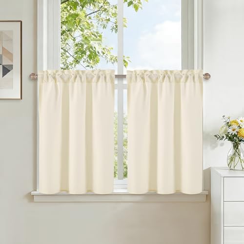 DWCN Rideau Cuisine Aspect Lin Petit Rideau Court Champagne 60L X 45H cm Lot de 2 Meuble Rideaux Brise Bise à Passe Tringle Décoration de Maison pour Rideaux...