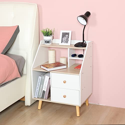 Nightstand Side Table with Drawer - End Table with Solid Wood Legs & Small Bedside Table for Storage & White Accent Table with File Cabinet Organizer in Living Room Bedroom Office