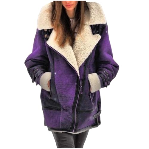 Winter Coats for Women Faux-Leather Suede Jackets Thicken Sherpa Fleece Jacket Vintage Moto Jacket Zipper Outerwear