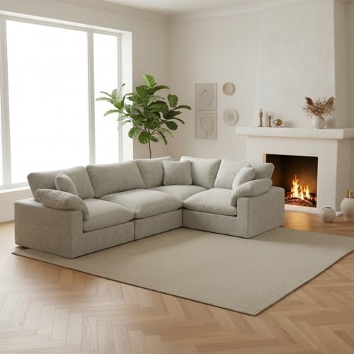 Image of Modular Sectional Sofa, 4 Seater Cloud Couch,Down Filled Comfy Cloud Modern Sofa,Light Beige Linen Oversized Couch Cushion Covers Removable for Living Room
