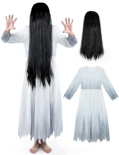 PAFIGA Ghost Costume Adult Women Scary White Gothic Victorian Dress Black Long Wig Horror Costumes for Halloween Cosplay Party