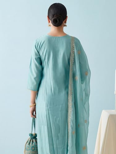 Image of INDO ERA Women's Silk Blend Embroidered Straight Kurta & Pant with Dupatta Set | Kurta Set With Dupatta For Women