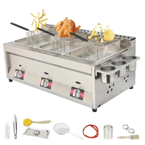 10L x 3 Commercial Countertop LPG Gas Deep Fat Fryer, with 3 Baskets And Lids, Seasoning Rack, Adjustable Firepower, Stainless Steel LPG Fryer For Chips, Cod, Chicken, Onion Rings etc,.
