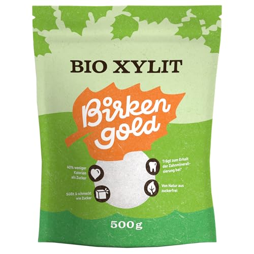 Birkengold xilitol ecológico, bolsa de 500 g | procedente de la agricultura ecológica | 40% menos calorías | agradable para los dientes | ideal para cocinar y hornear | índice glucémico de 11