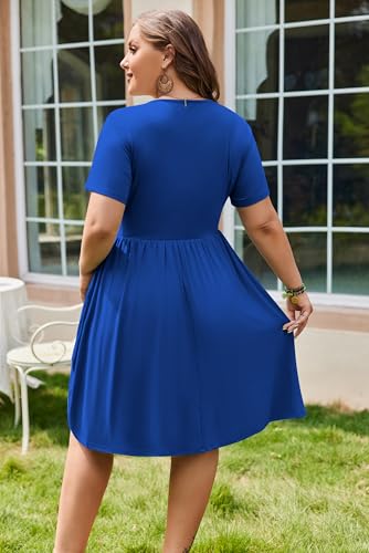 Image of IN'VOLAND Womens Plus Size Summer Dress 2025 Casual Short Sleeve Empire Waist Loose Fit Swing T-Shirt Dress with Pockets Sky Blue
