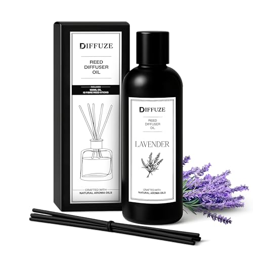 Image of DIFFUZE Lavender Essential Oil Reed Diffuser Refill with 10 Fibre Reed Sticks | Aroma Oil & Fragrance Oil for Home | Diffuser Oil for Home Fragrance | Essential Oil Diffuser for Home, office, bathroom