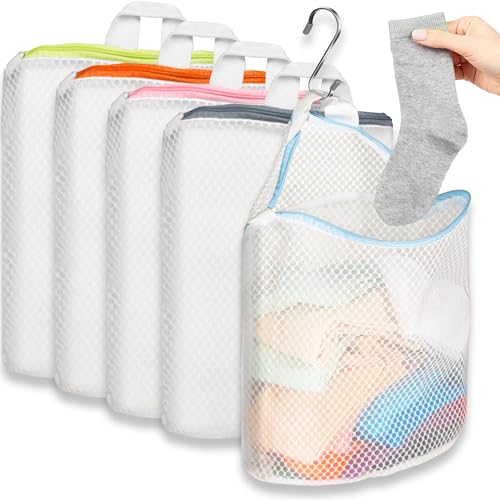 5Pcs Hanging Laundry Bags for Socks with S Hooks,12 X 10 inch 5 Color Mesh Laundry Bags for Washing Machine