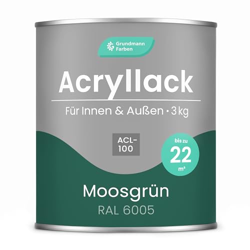 Grundmann Acryllack - 3 Kg in Moosgrün (RAL 6005) - 3-in-1 Buntlack auf Wasserbasis Grün - Für Holz, Metall & Beton