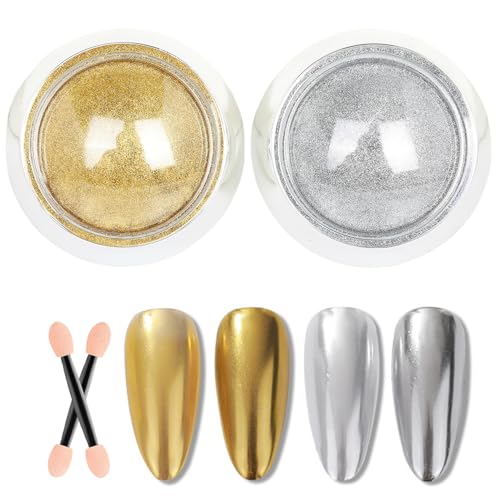 GZMAYUEN 2Pcs Poudre Chrome Ongle Or Argent, Miroir Effet Métal Chrome Ongles Nail Art Powder Decoration Ongle