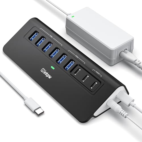 Image of Powered USB Hub 10Gbps,intpw YH6AC 9-Port USB Splitter with USB A /USB C 3.2, 4 USB 3.0, 2 PD 45W Charging Ports, 65W Power Adapter and 3.3FT Cable, Aluminum Black USB Hub for Laptop /PC,iPhone 16 /15