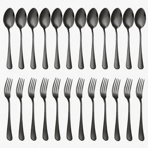 24 Piece Black Forks and Spoons Silverware Set for 12, Food Grade Stainless Steel Dinner Forks and Spoons(6.7 Inch) Black Silverware Set, Heavy-Duty Cutlery Set, Dishwasher Safe