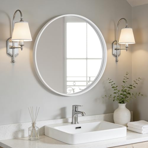 Image of WallBeyond Round Wood Mirror 24 inch Circle Wall Mirror for Bathroom Round Wall Mirror for Wall Decor, Vanity, Entryway Living Room (White)