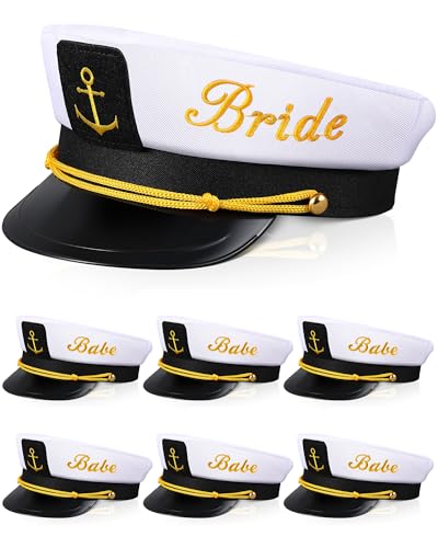 Jecery 7 Pcs Bride Babe Captain Hats Bachelorette Captain's Hat Nautical Bachelor Hat for Wedding Party Bridal Shower Gift Decor Boat Cap