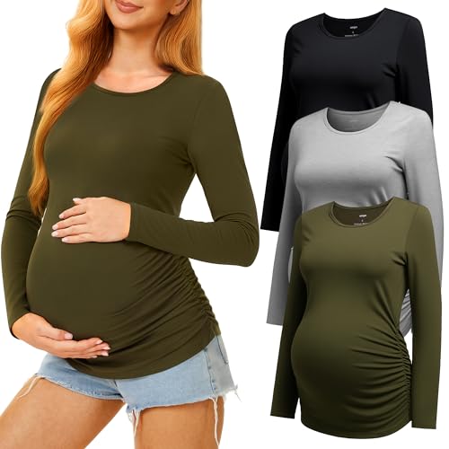 MIRAZEN 3 Pack Maternity Shirts Long Sleeve Pregnancy Top for Women with Crew Neck Casual Tee Shirts Black/Light Grey/Army Green Large