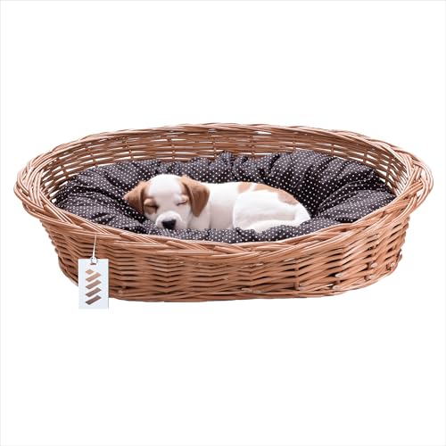 Wiklinowy Świat - Hundebett Weidenkorb Katzenbett für Hunde und Katzen, Weidenbett für Haustiere - Natürlich warm, atmungsaktiv und stilvoll - 75x53x17cm - gepunktetes braunes Kissen