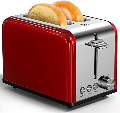 Toaster 2 Slice, Retro Small Toaster with Bagel, Cancel, Defrost Function, Extra Wide Slot Compact Stainless Steel Toasters for Bread Waffles, Red