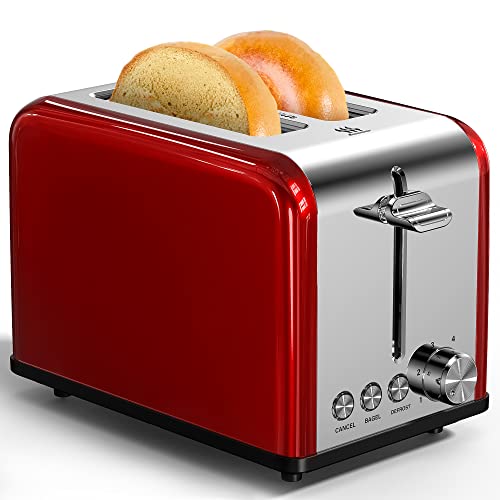 Toaster 2 Slice, Retro Small Toaster with Bagel, Cancel, Defrost Function, Extra Wide Slot Compact Stainless Steel Toasters for Bread Waffles, Red