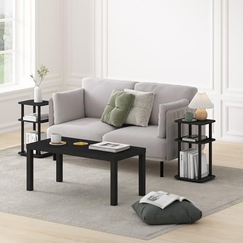 Image of Furinno JUST 3-Tier Telephone Table Set of 2, Turn-N-Tube Toolless Side Table with Open Shelf, Round Curve Corner Night Stand, Bedside Table, for Living Room, Bedroom, Americano