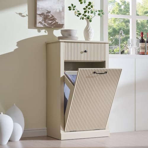 Image of IFBUY Tilt Out Laundry Hamper Cabinet, Modern Trash Can Cabinet, Cream