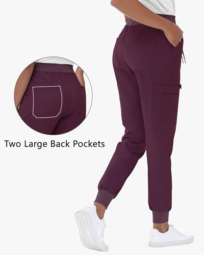 Image of MIVEI High Waisted Jogger Style Scrub Pants for Women - 8 Pockets Medical Bottoms Tapered Yoga Waistband Ribbed Ankle Cuffs