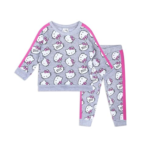 Image of Hello Kitty Sanrio Girls 2 Piece All Over Print Fleece Crewneck Sweatshirt and Pants Set for Infant, Toddler, and Big Kids
