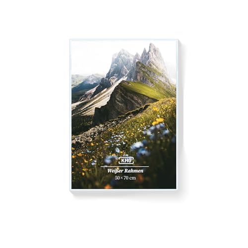 KHG Bilderrahmen aus Kunststoff mit stabilem Glas und Passepartout zum Aufhängen oder Hinstellen Ideal für Portraits Urkunden Poster - weiß 50x70 cm