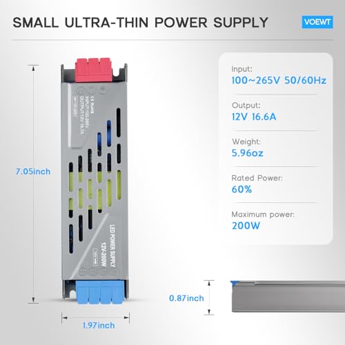 Image of LED Driver 200 Watts Power Supply 100V-265V AC to 12V DC Converter,Quiet and Small Transformer Low Voltage Output for Strip Light,Lamp