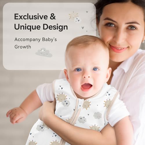 Image of Baby Sleep Sack 12-18 Months 0.5 Tog Wearable Blanket Baby, 3 Pack 100% Cotton Lightweight Sleeping Sack with 2-Way Zipper for Infant Toddler Apricot White Sun Clouds